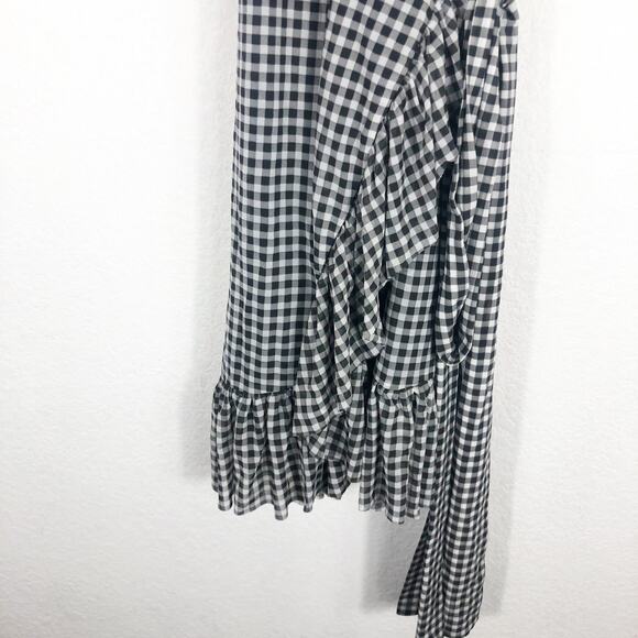 Ganni Gingham Mesh Wrap Mini Dress Size 40 Ruffle Stretch Black White Check - Picture 10 of 13